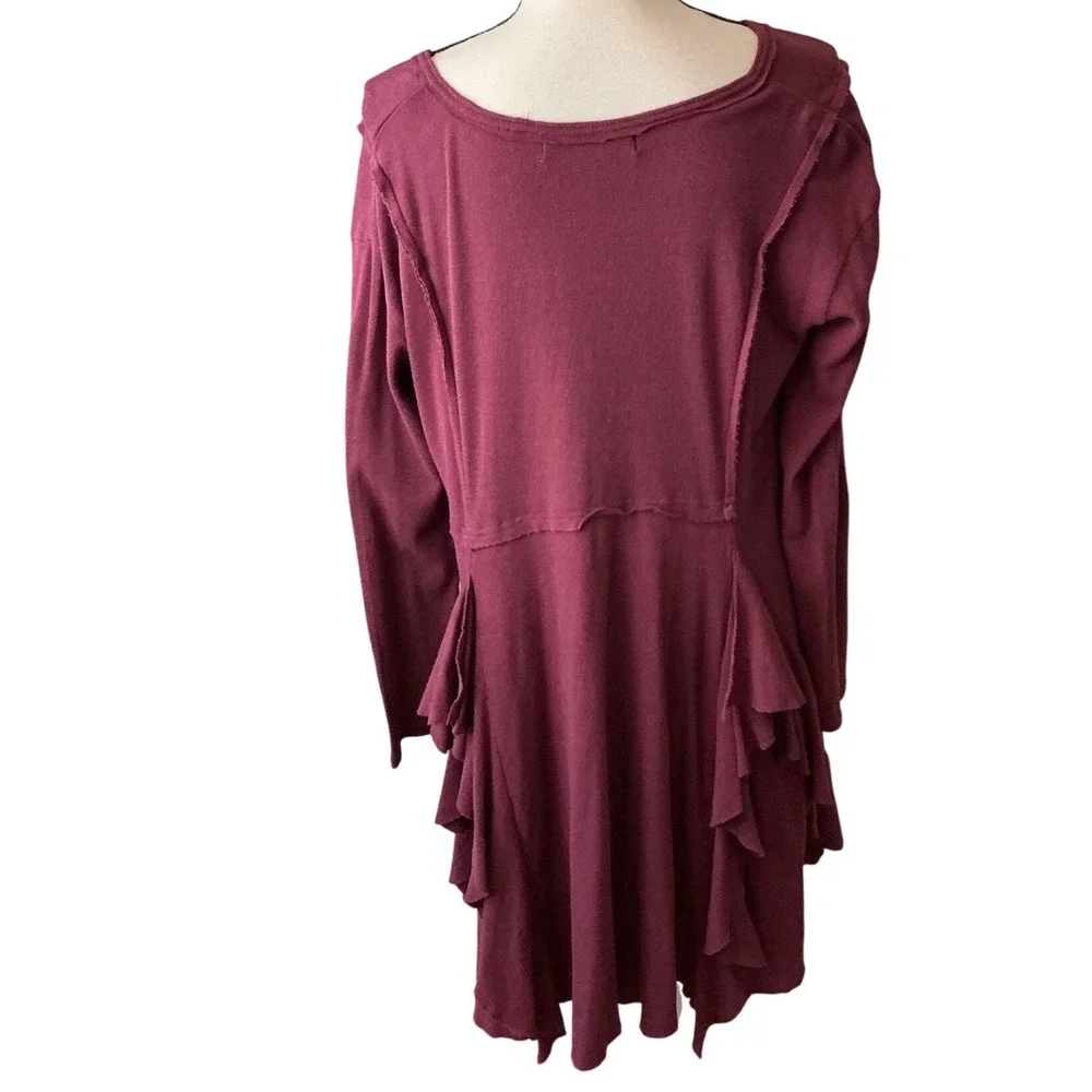 Free People Beach Womens Small Ruffle Tunic Top Long Sleeve Berry Wine V-Neck - Picture 3 of 9